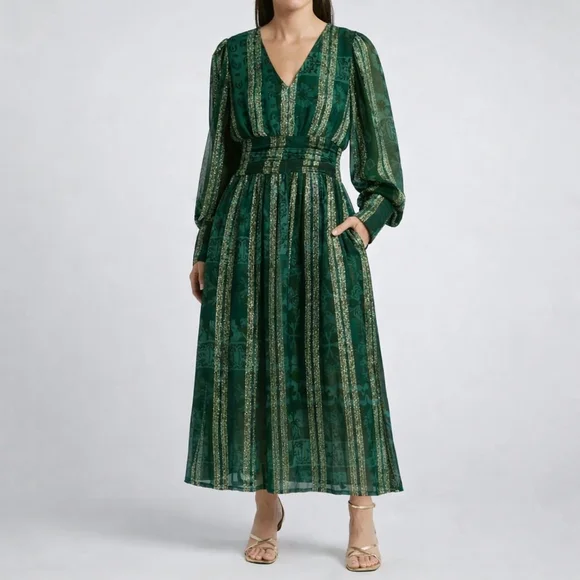 CIEBON Onella Metallic Stripe Chiffon Midi Dress Green Gold NWT Size L - Picture 10 of 11